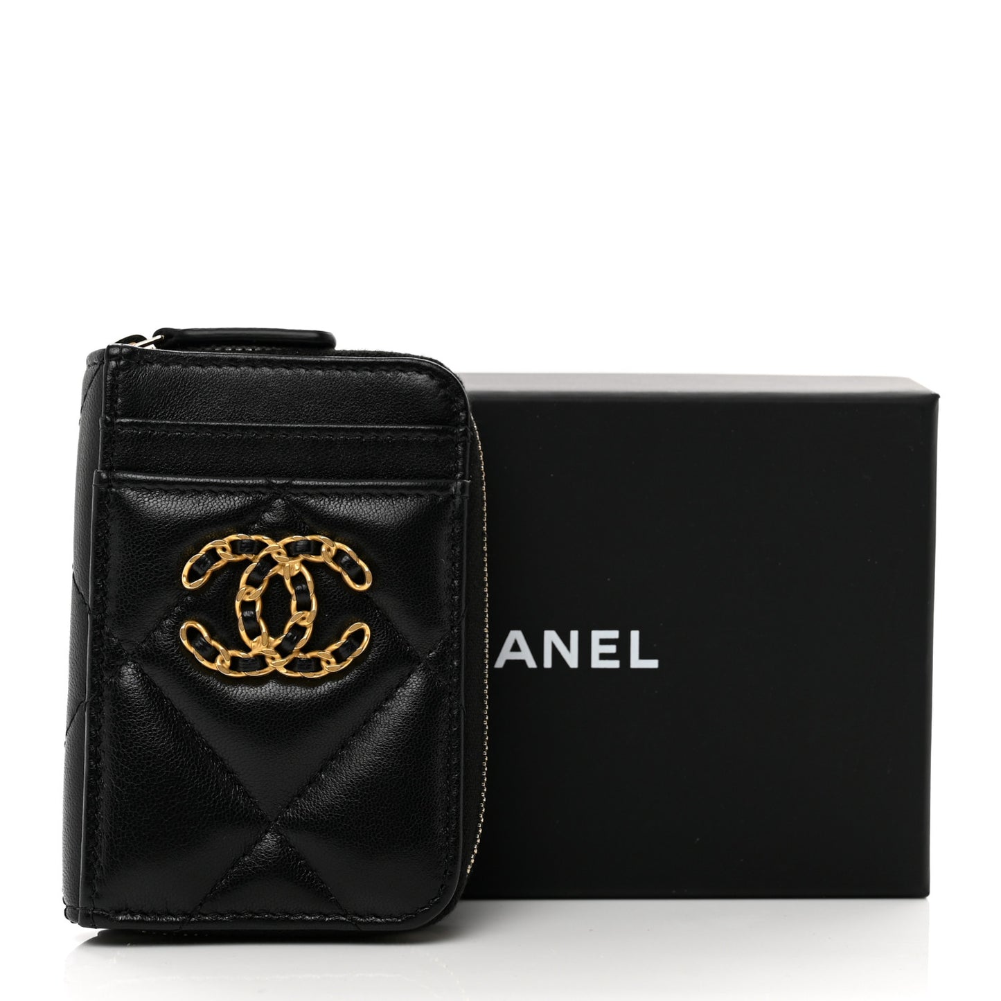 Lambskin Quilted Chanel 19 Vertical Zip Card Holder Wallet Black