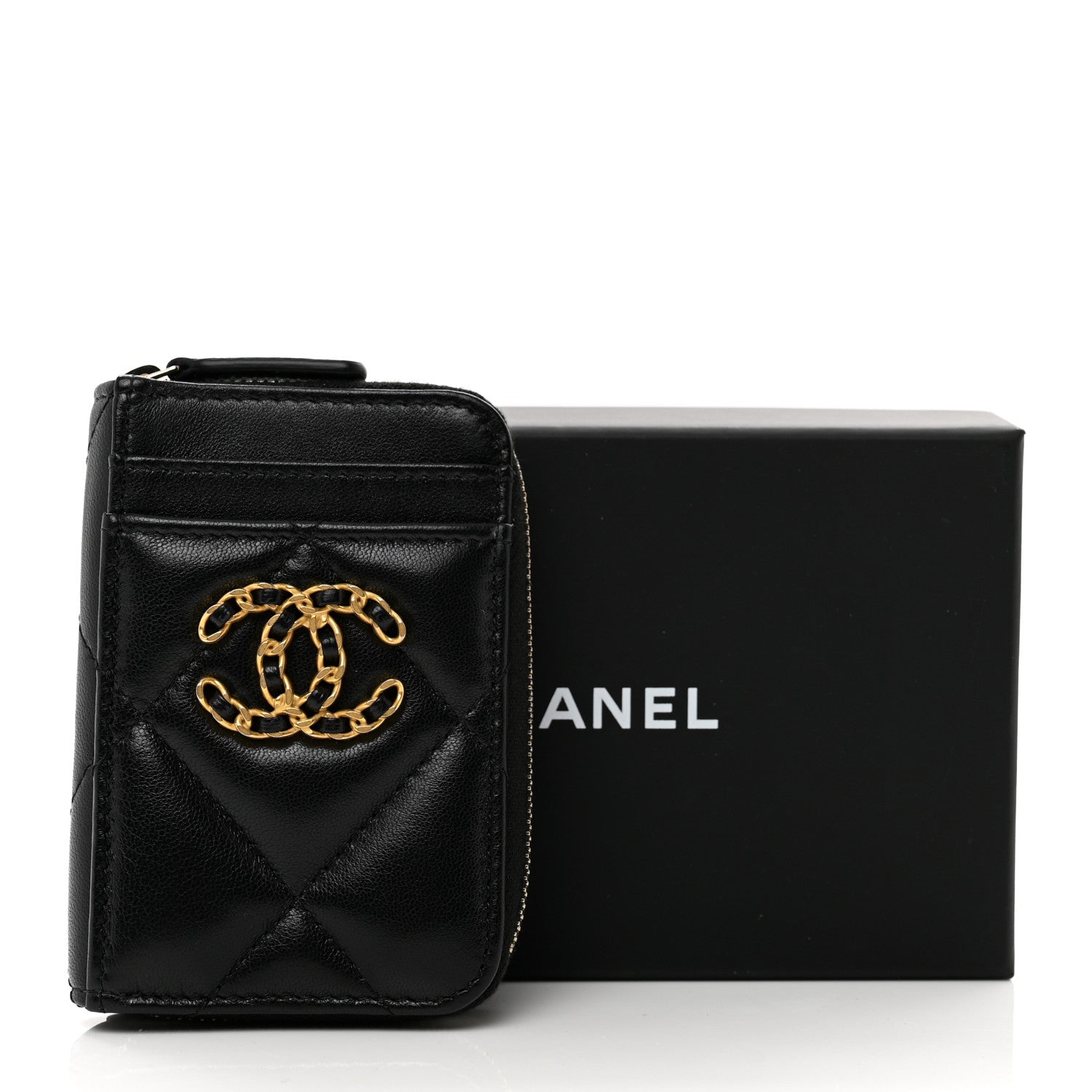 Chanel Lambskin Quilted Chanel 19 Vertical Zip Card Holder Wallet Black 8 of 8