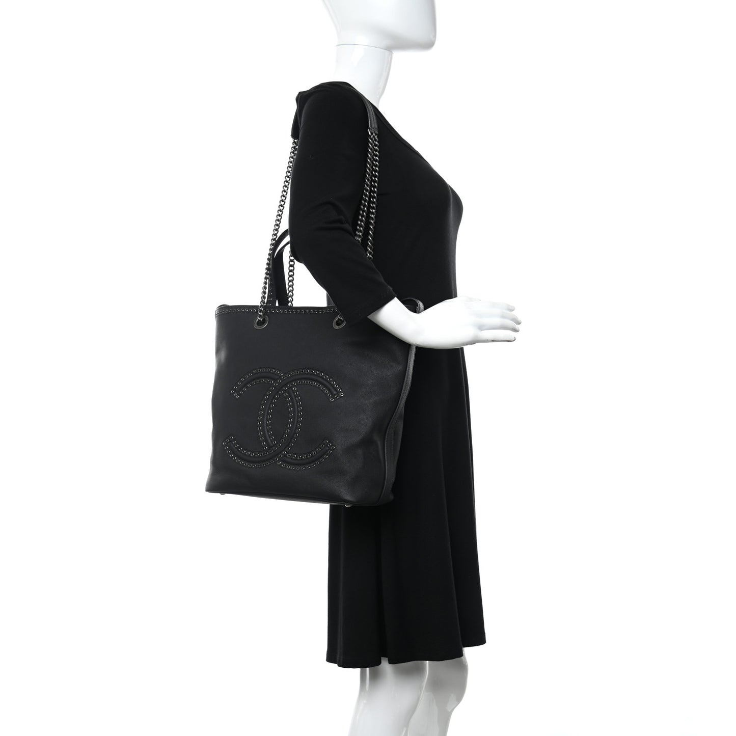 Grained Calfskin Small Coco Eyelets Shopping Tote Black