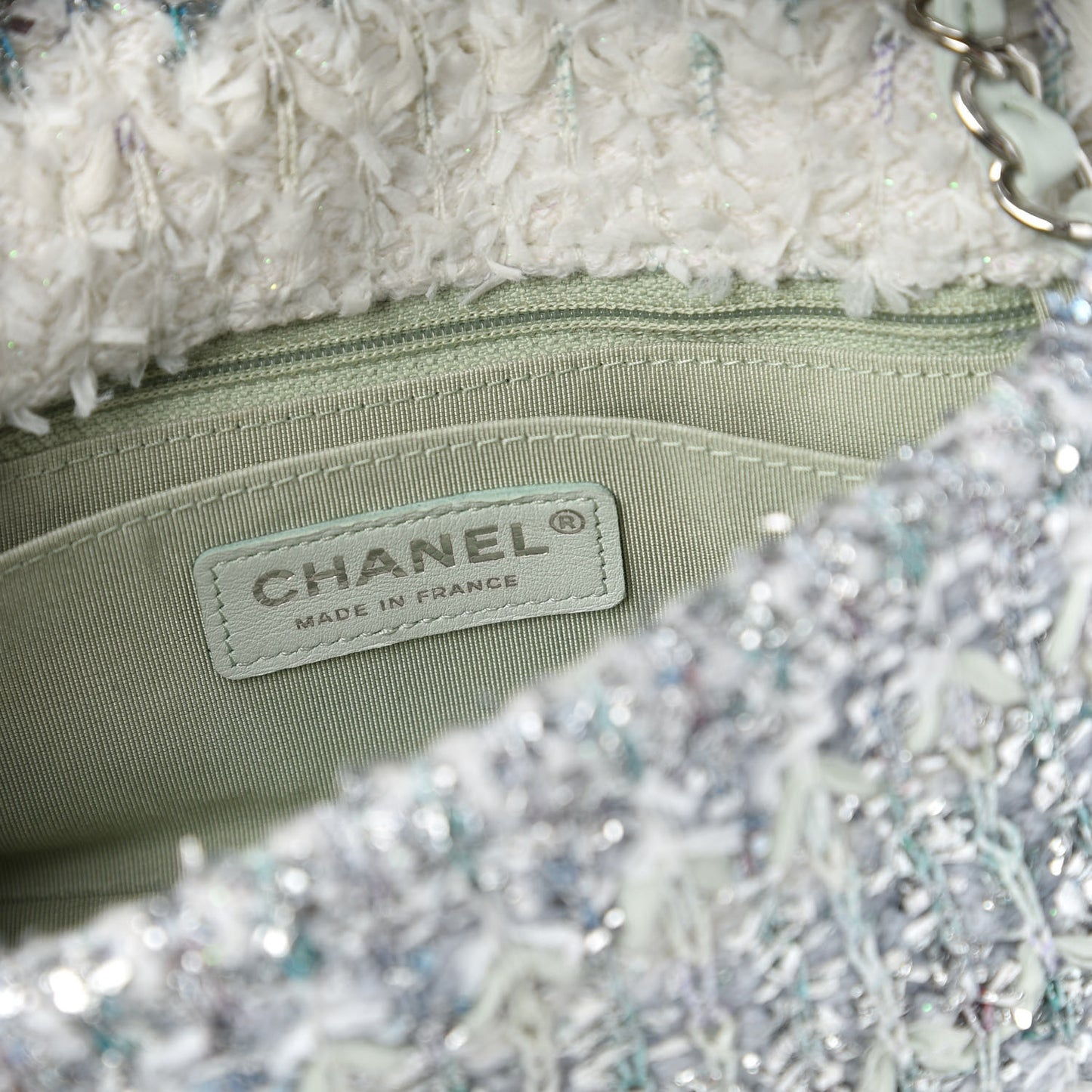 Tweed Quilted Mini Rectangular Flap Light Green Silver White