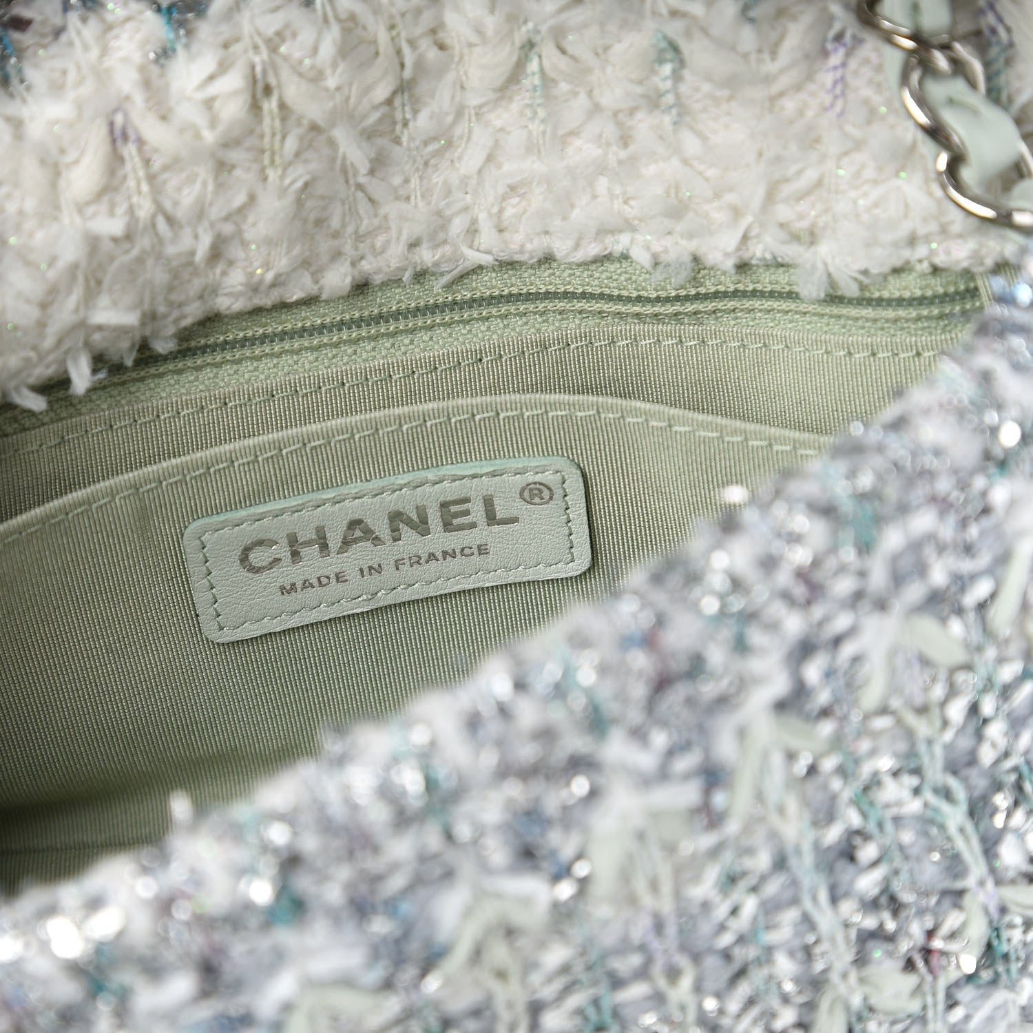 Chanel Tweed Quilted Mini Rectangular Flap Light Green Silver White 8 of 10