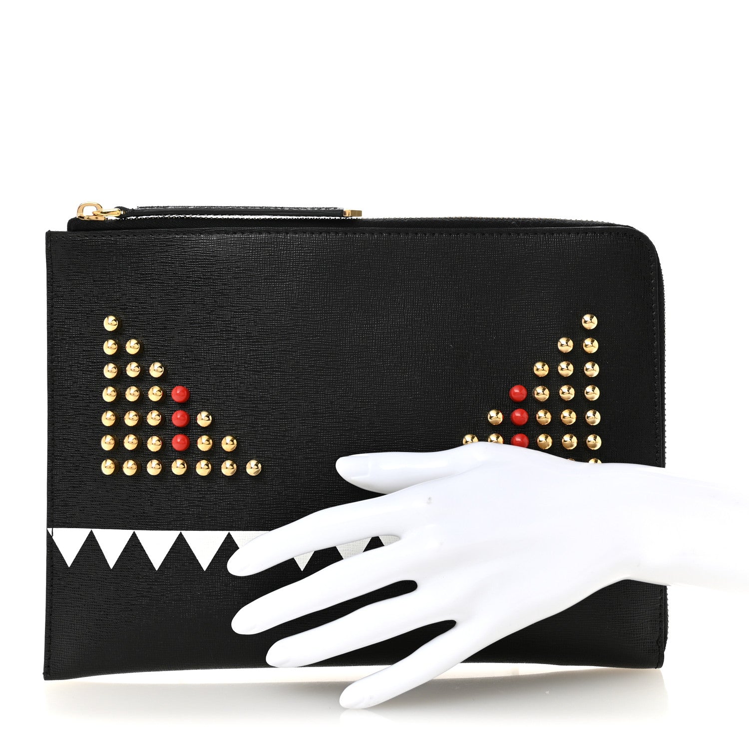 Fendi Vitello Elite Monster Eyes Studded Zip Around Pouch Black 2 of 8