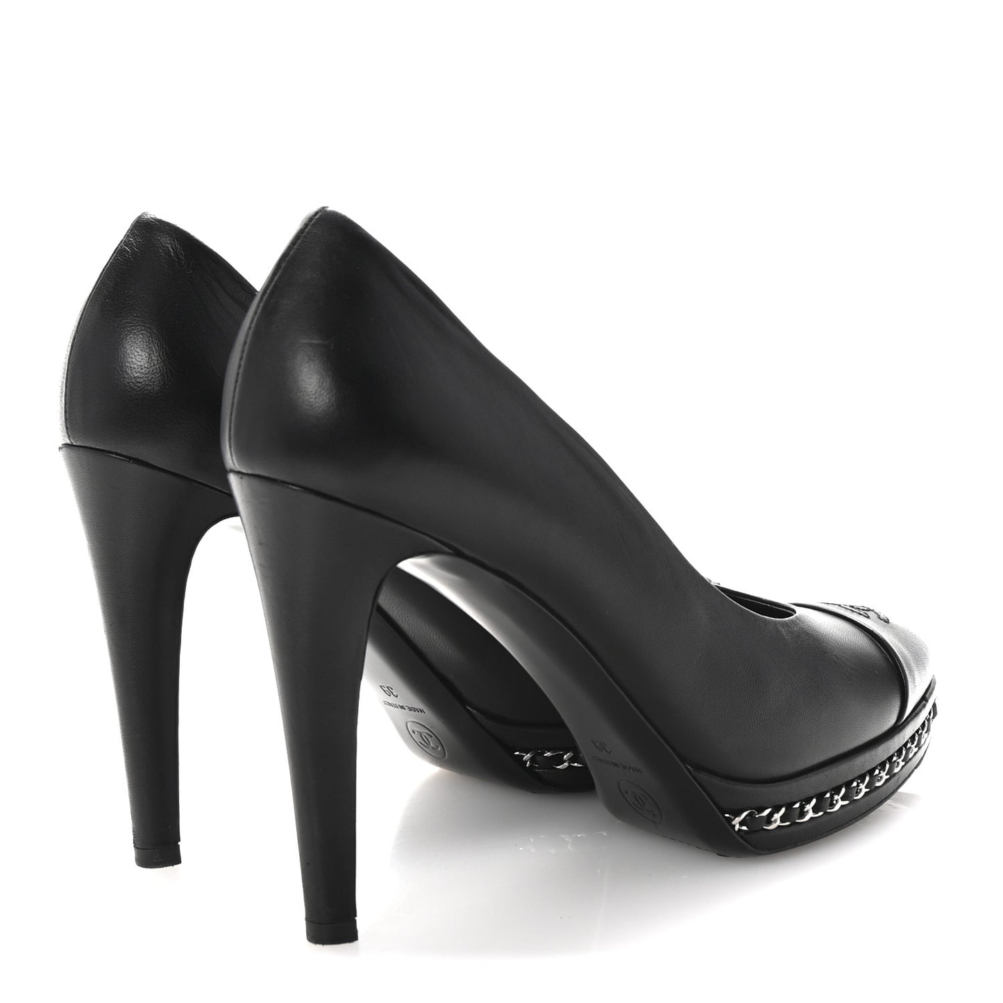 Lambskin CC Cap Toe Platform Chain Pumps 39 Black