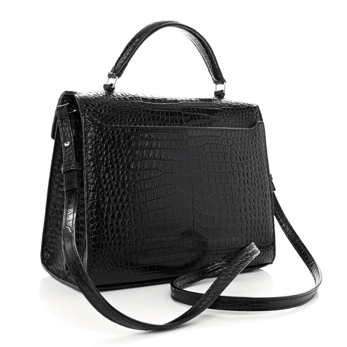Calfskin Crocodile Embossed Medium Classic Monogram Cassandra Top Handle Black