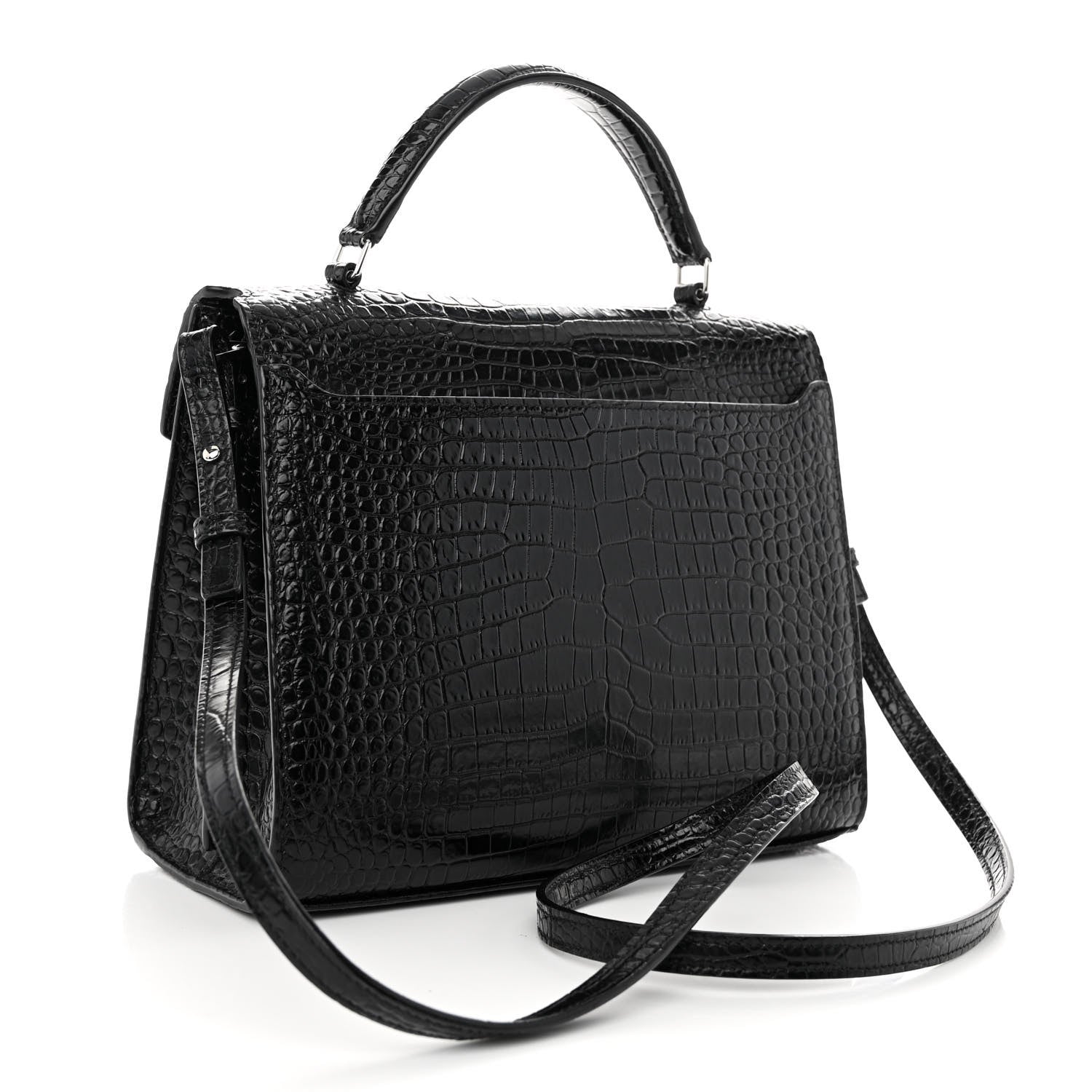 Saint Laurent Calfskin Crocodile Embossed Medium Classic Monogram Cassandra Top Handle Black 3 of 9