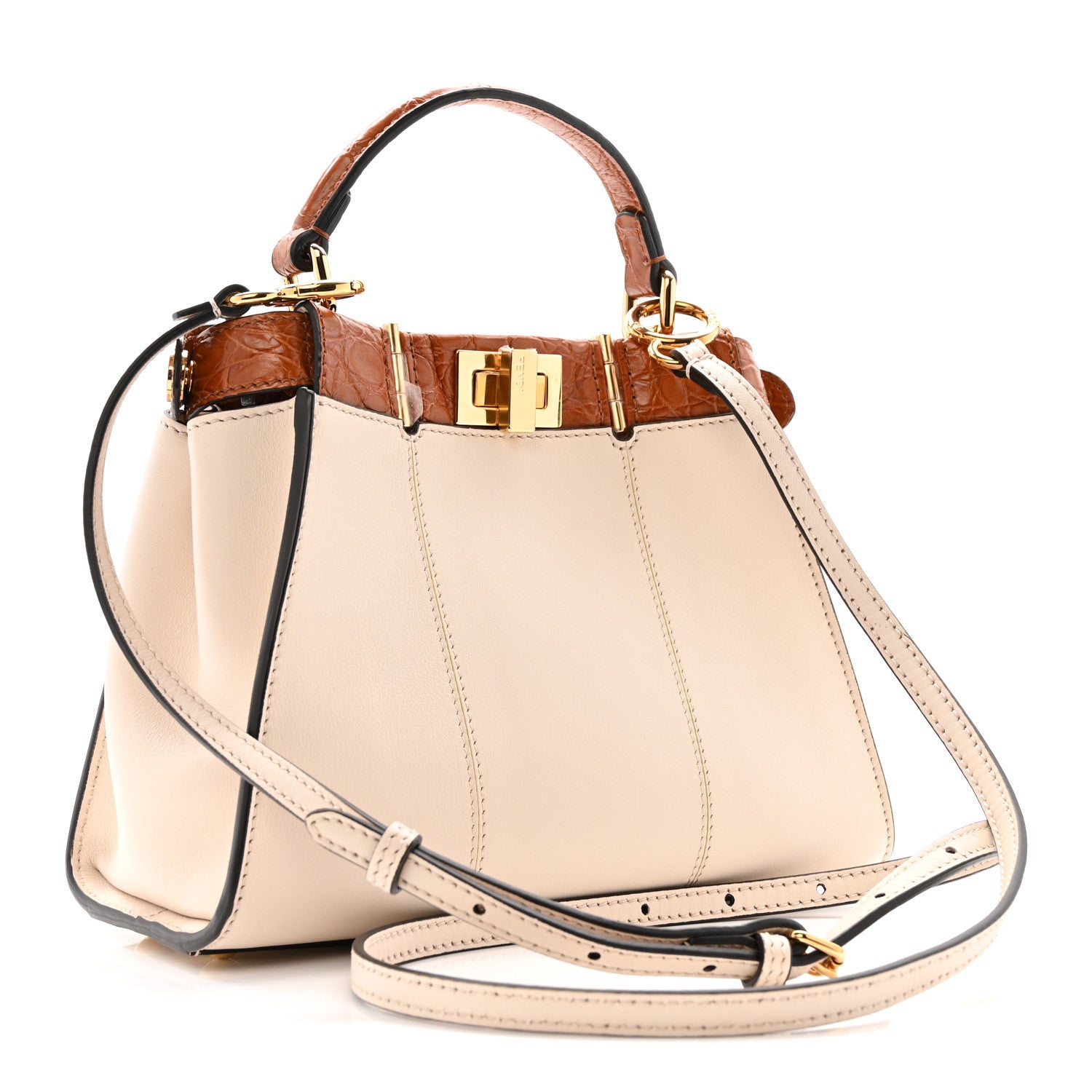 Fendi Calfskin Crocodile Mini Peekaboo Iconic Satchel Camelia