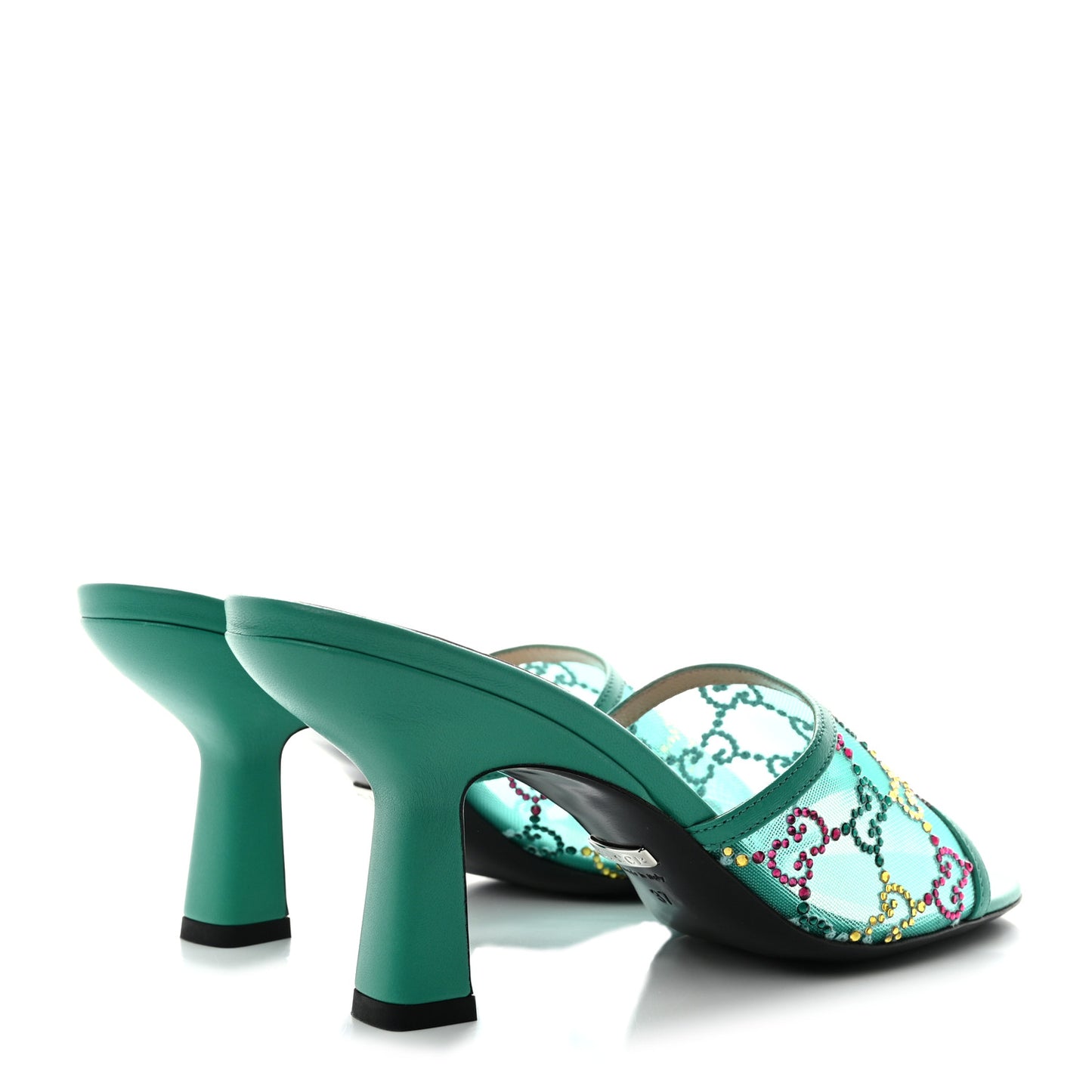 Tela Retino Nappa Crystal GG Monogram Square G 95mm Slide Sandals 37 Turquoise