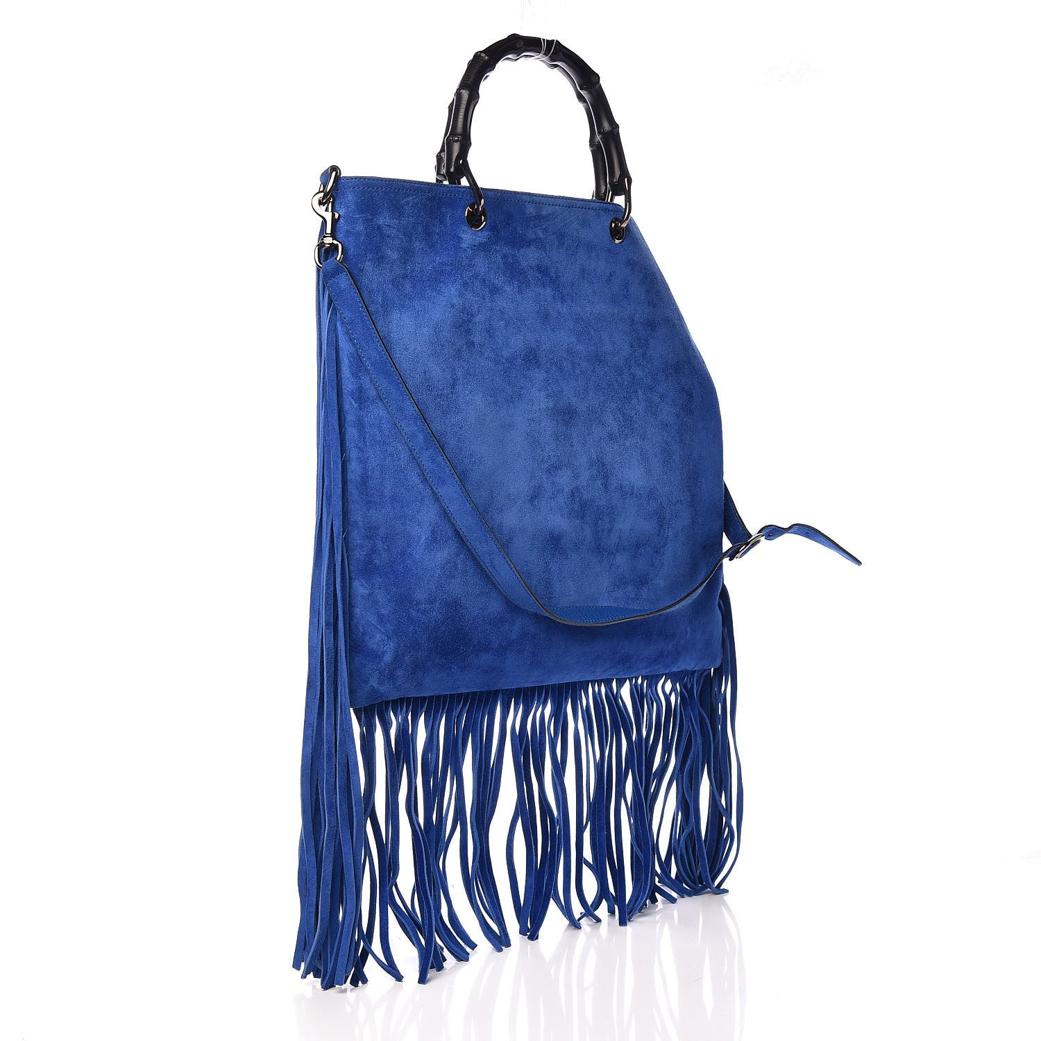 Gucci Suede Bamboo Fringe Small Shopper Tote Blue 3 of 10