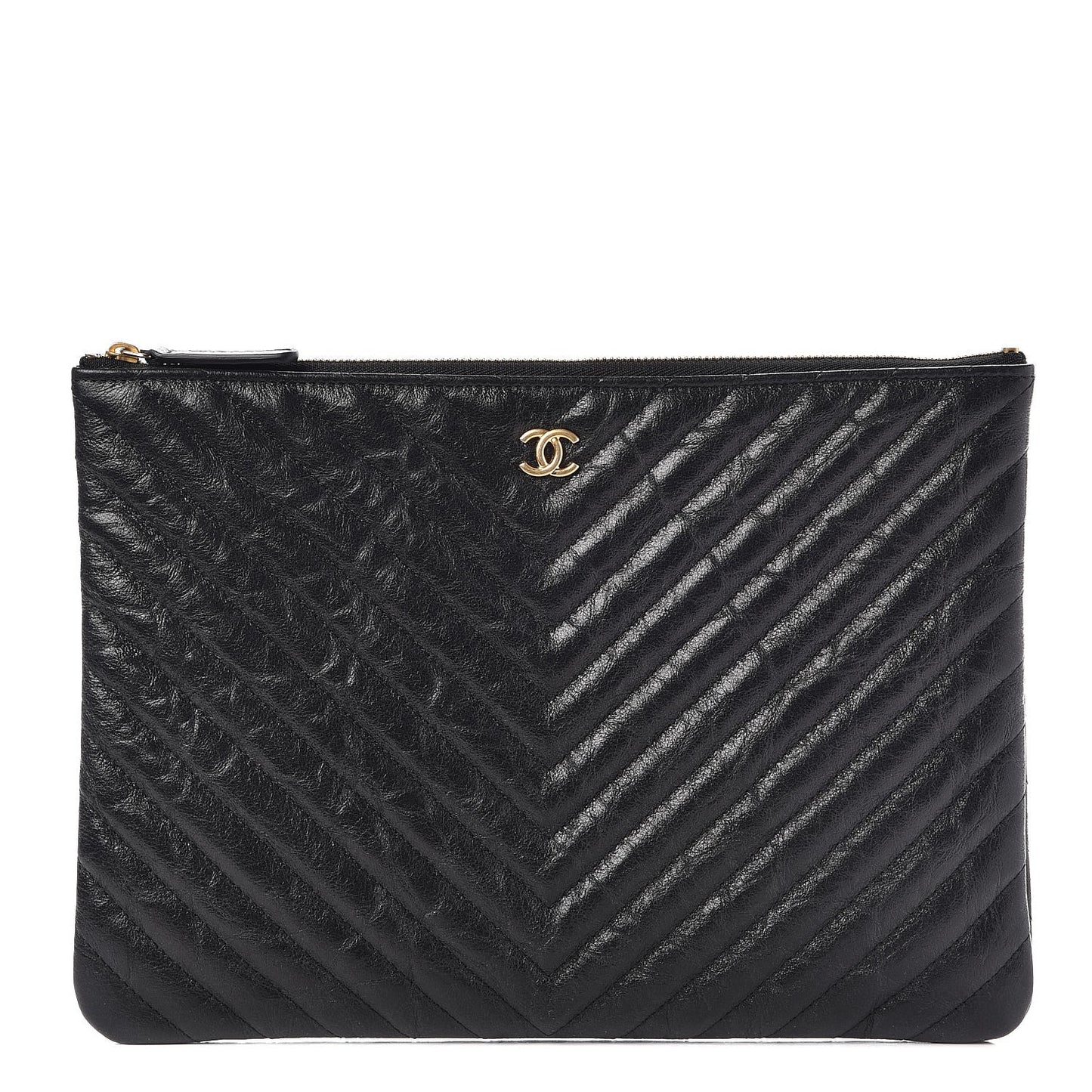 Crackled Calfskin Chevron Quilted Medium Cosmetic Case Black