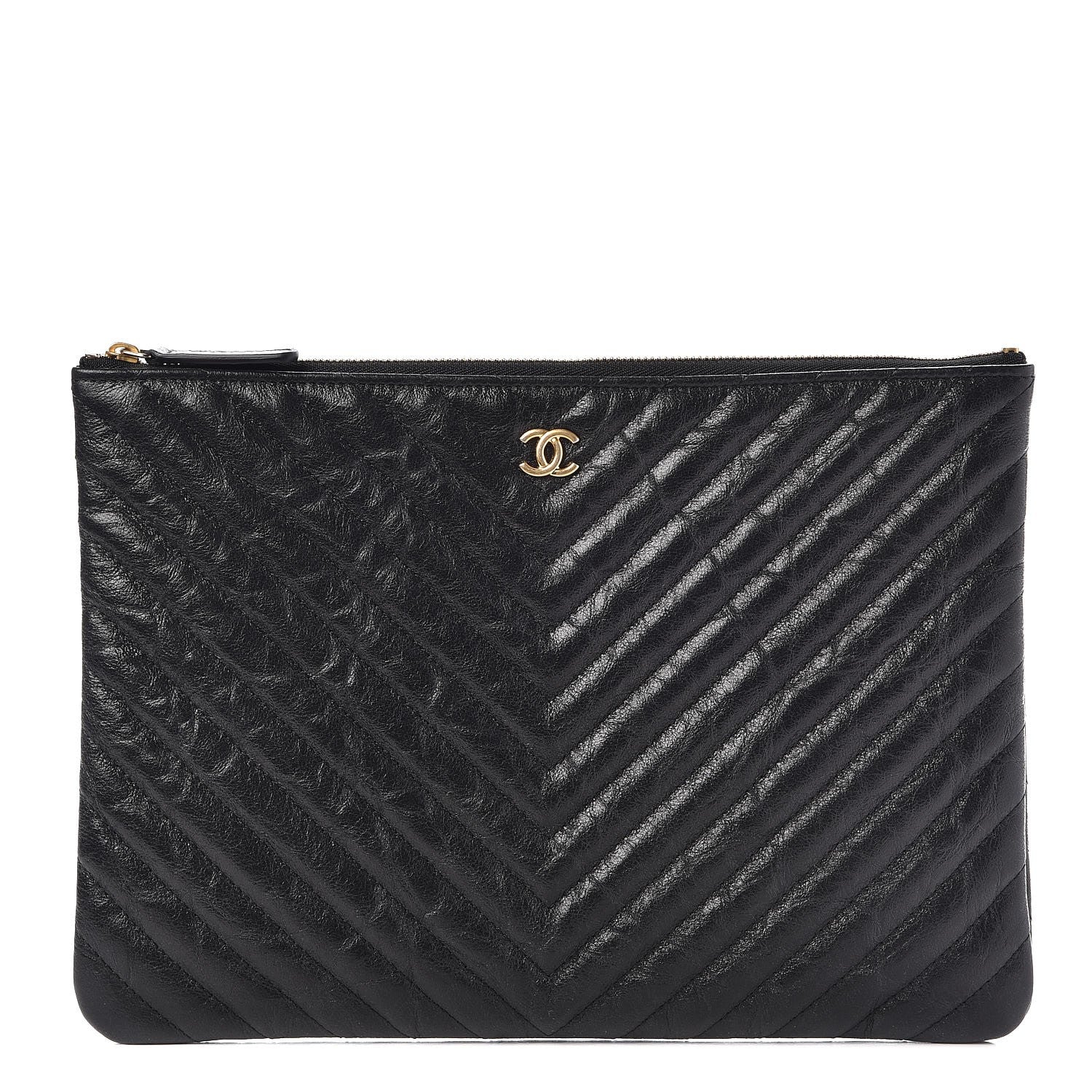 Chanel Crackled Calfskin Chevron Quilted Medium Cosmetic Case Black 1 of 8