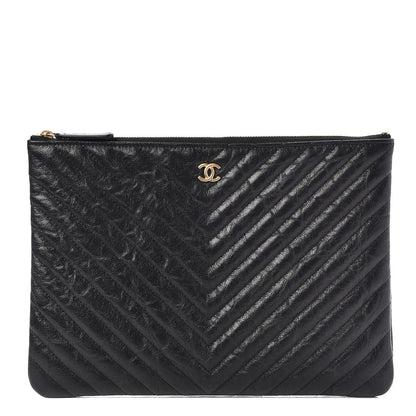 Chanel Crackled Calfskin Chevron Quilted Medium Cosmetic Case Black 1 of 8