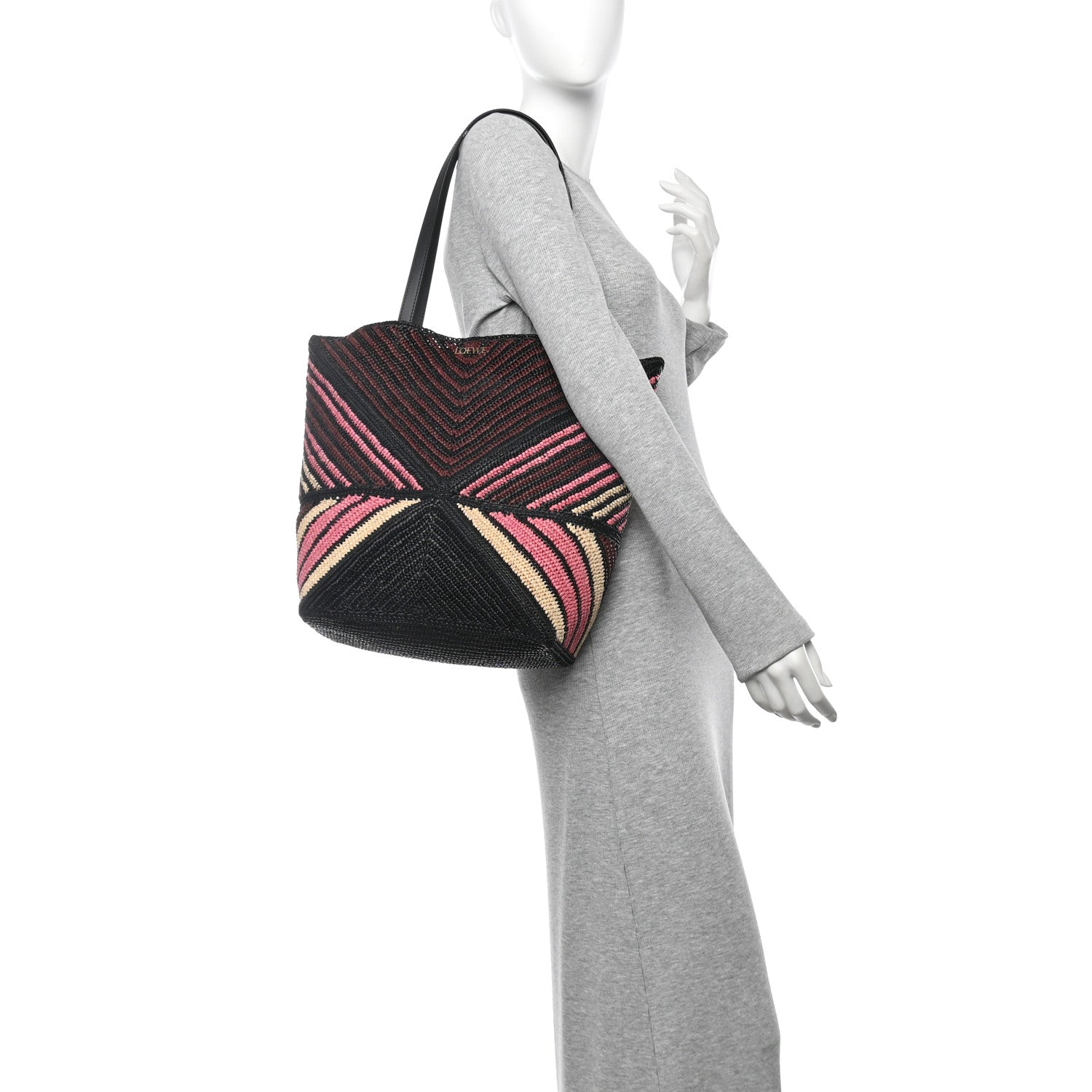 Loewe Raffia Calfskin Paula's Ibiza Medium Puzzle Fold Tote Pink Burgundy 2 of 10