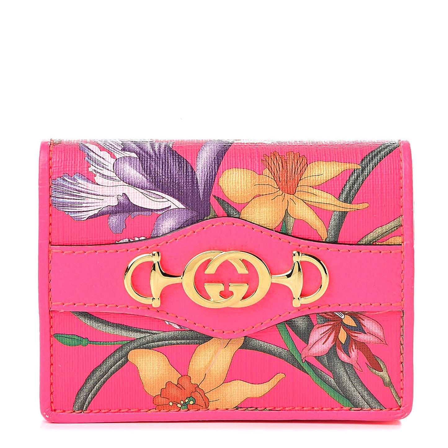 Calfskin Flora Print Zumi Card Case Fuxia Fluo