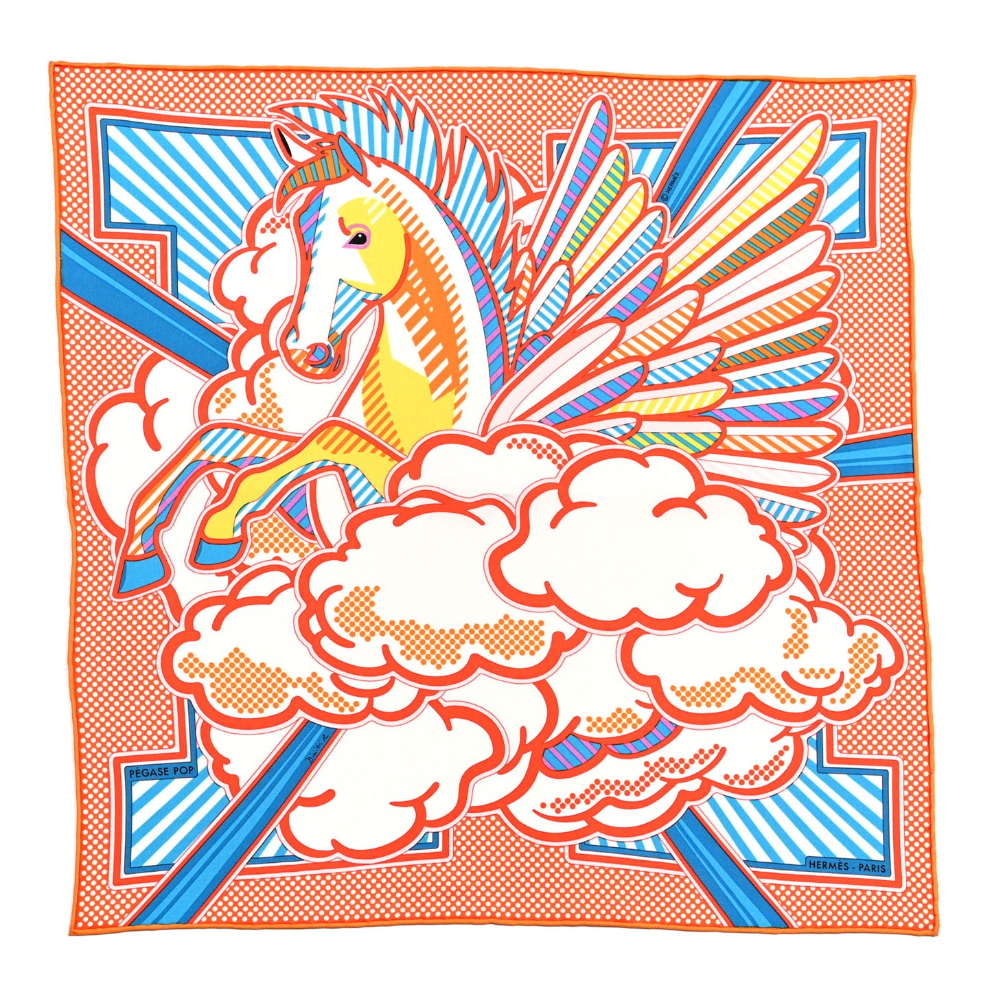 Silk Pegase Pop Pocket Square Orange Turquoise Jaune