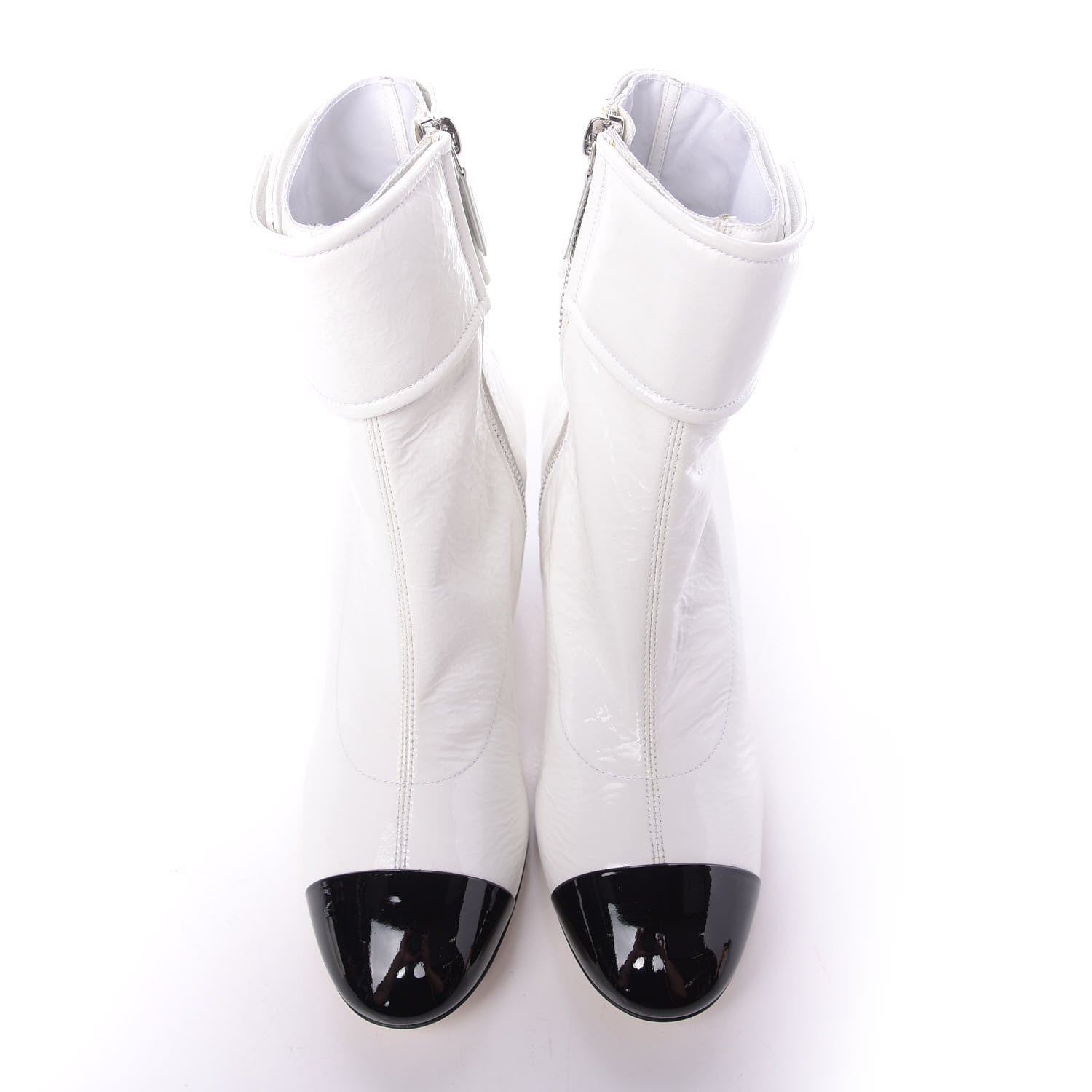 Chanel Distressed Patent Cap Toe CC Turnlock Ankle Boots 37.5 White Black 5 of 10