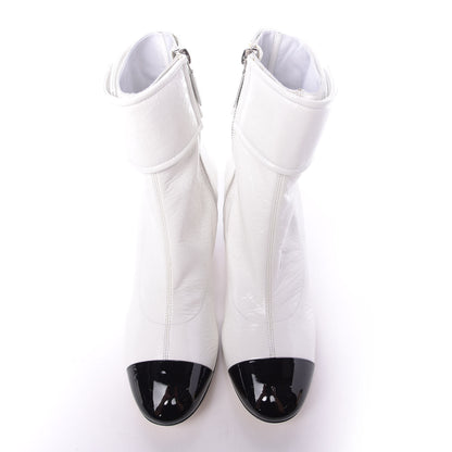 Chanel Distressed Patent Cap Toe CC Turnlock Ankle Boots 37.5 White Black 5 of 10