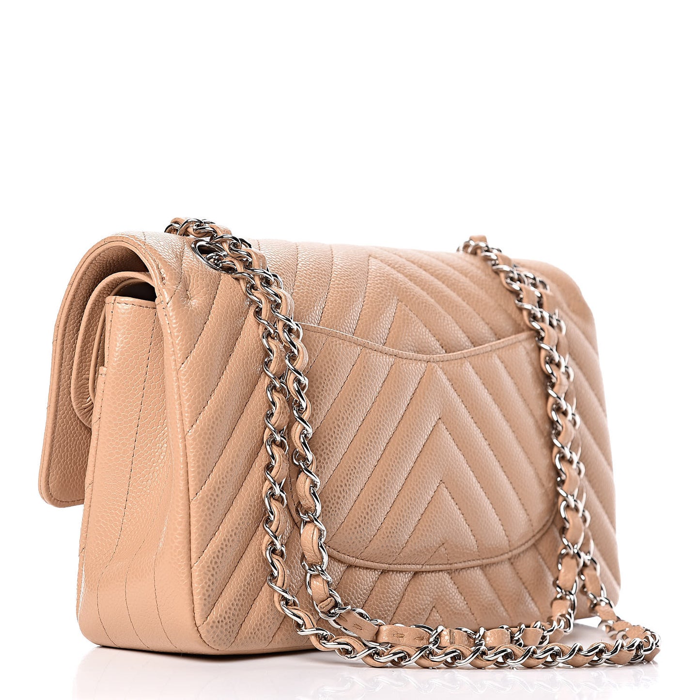 Caviar Chevron Quilted Medium Double Flap Beige