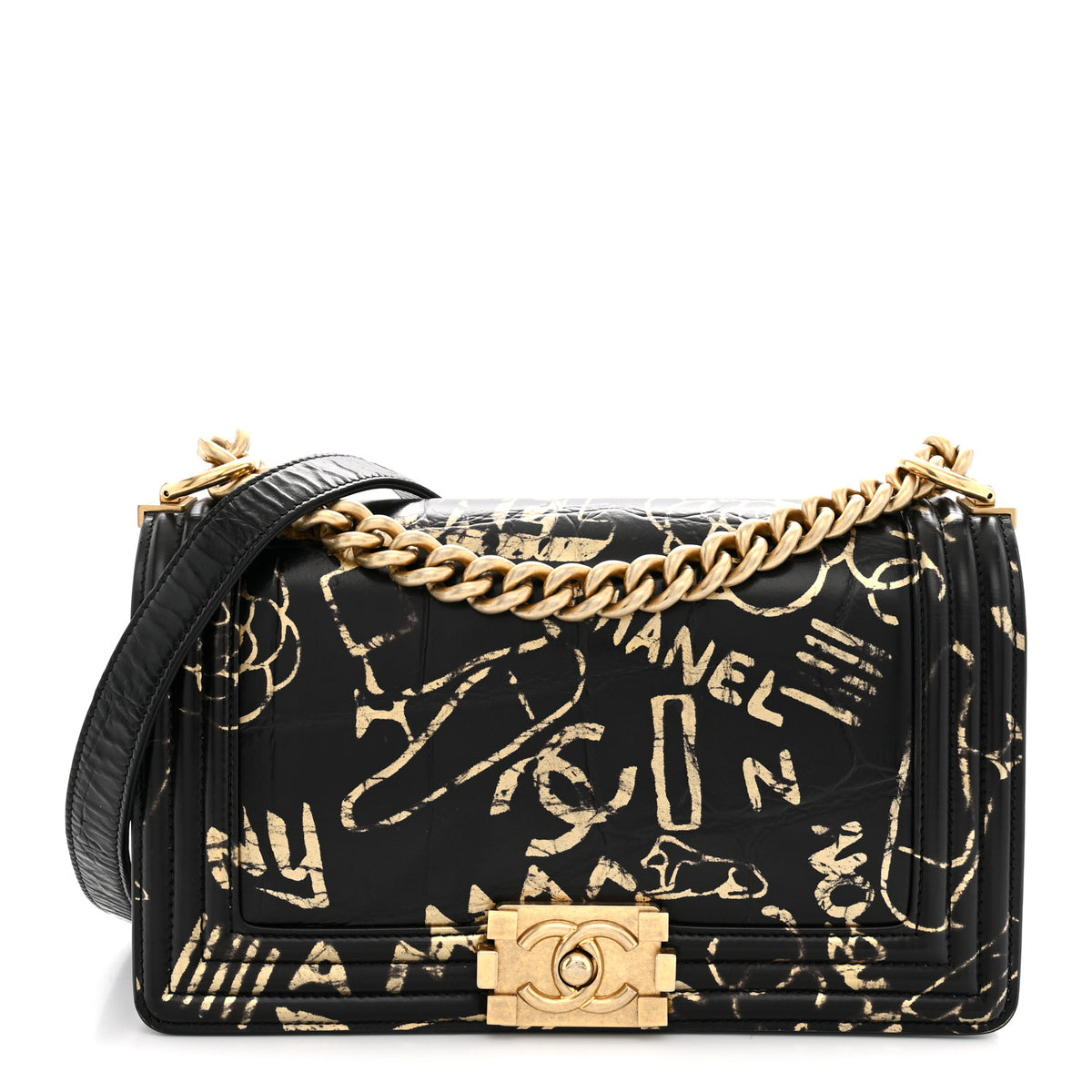 Calfskin Crocodile Embossed Graffiti Cocodile Medium Boy Flap Black