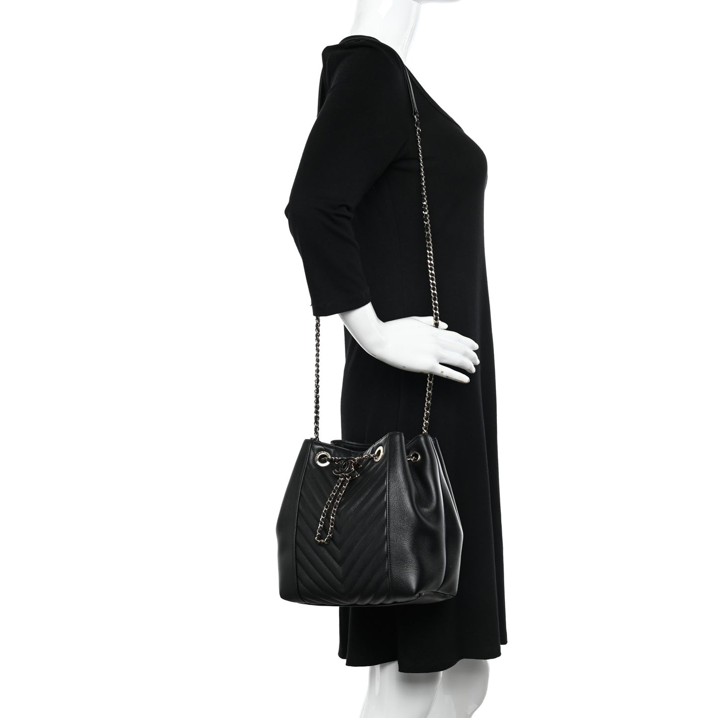 Calfskin Quilted Daily Chevron Drawstring Bag Black