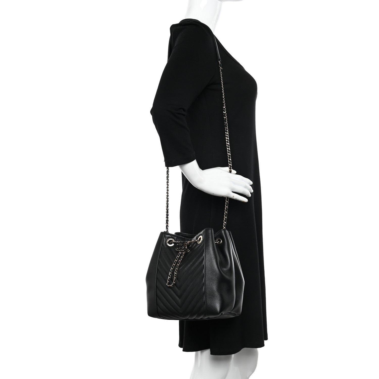 Chanel Calfskin Quilted Daily Chevron Drawstring Bag Black 2 of 15