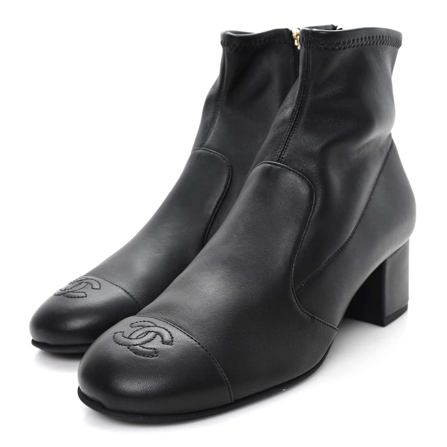 Stretch Lambskin Cap Toe CC Uniform Short Boots 39 Black
