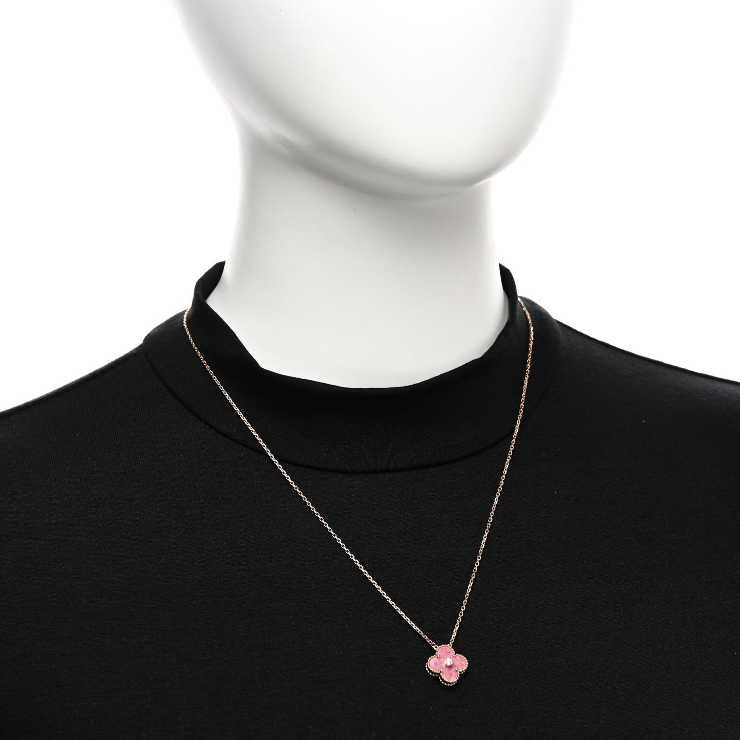 18K Rose Gold Diamond Rhodonite Vintage Alhambra Pendant Necklace