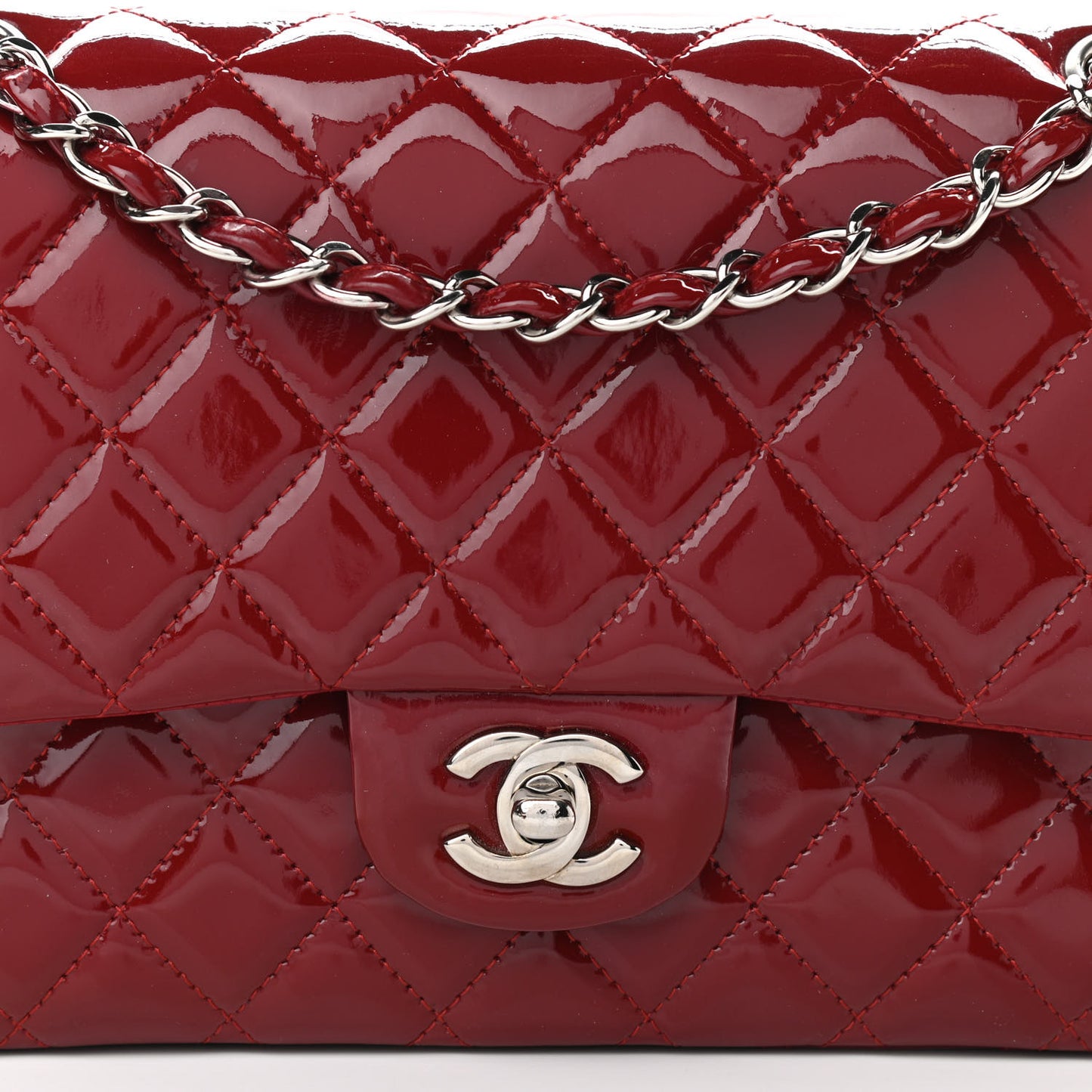 Patent Calfskin Quilted Medium Double Flap Dark Red
