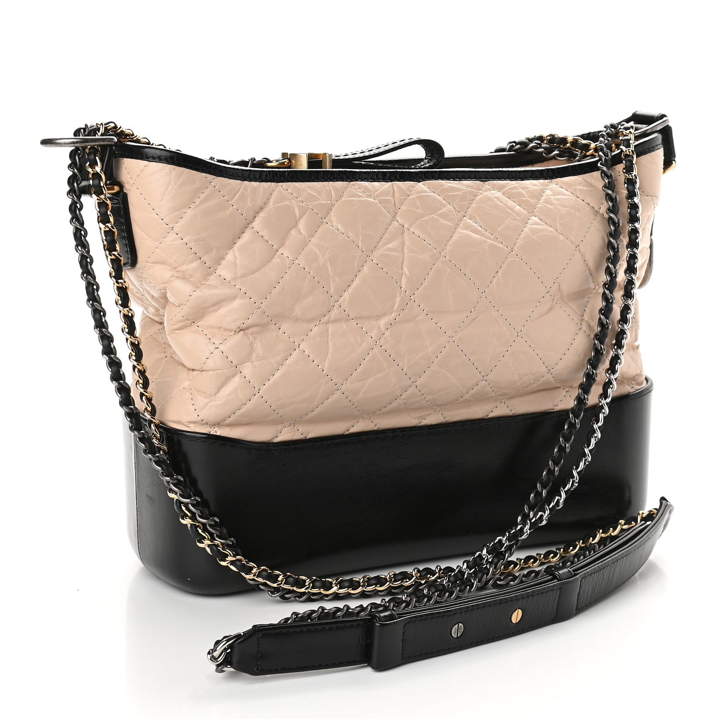 Aged Calfskin Quilted Medium Gabrielle Hobo Beige Black