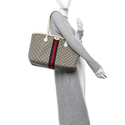Gucci GG Supreme Monogram Textured Dollar Calfskin Web Medium Ophidia Shopping Tote Beige Ebony Mystic White 2 of 10