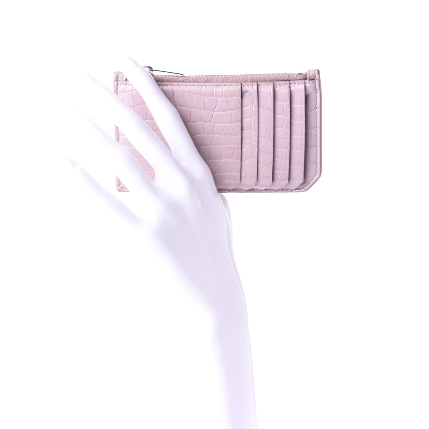 Saint Laurent Crocodile Embossed Calfskin 5 Fragments Zip Pouch Card Holder Rose Antic 2 of 6