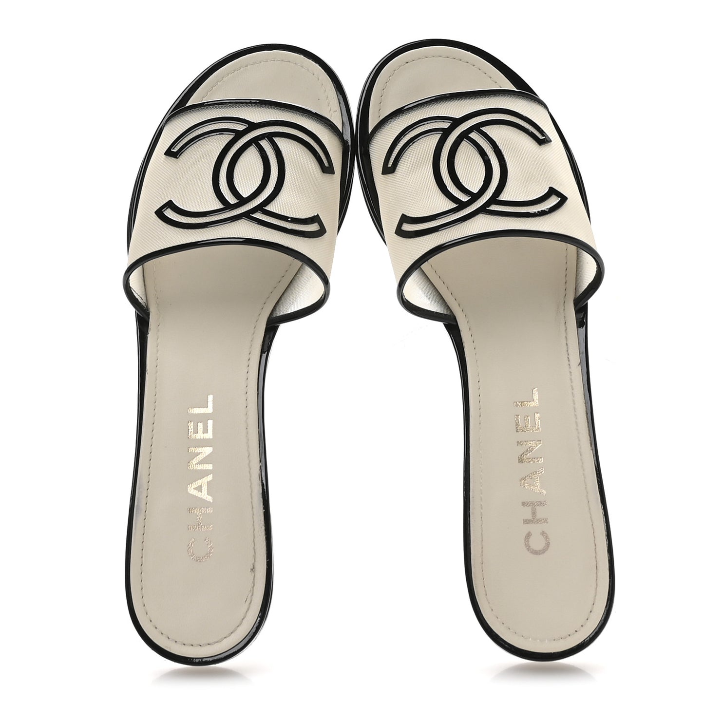 Mesh Patent Calfskin CC Sandal Mule 39.5 Beige Black