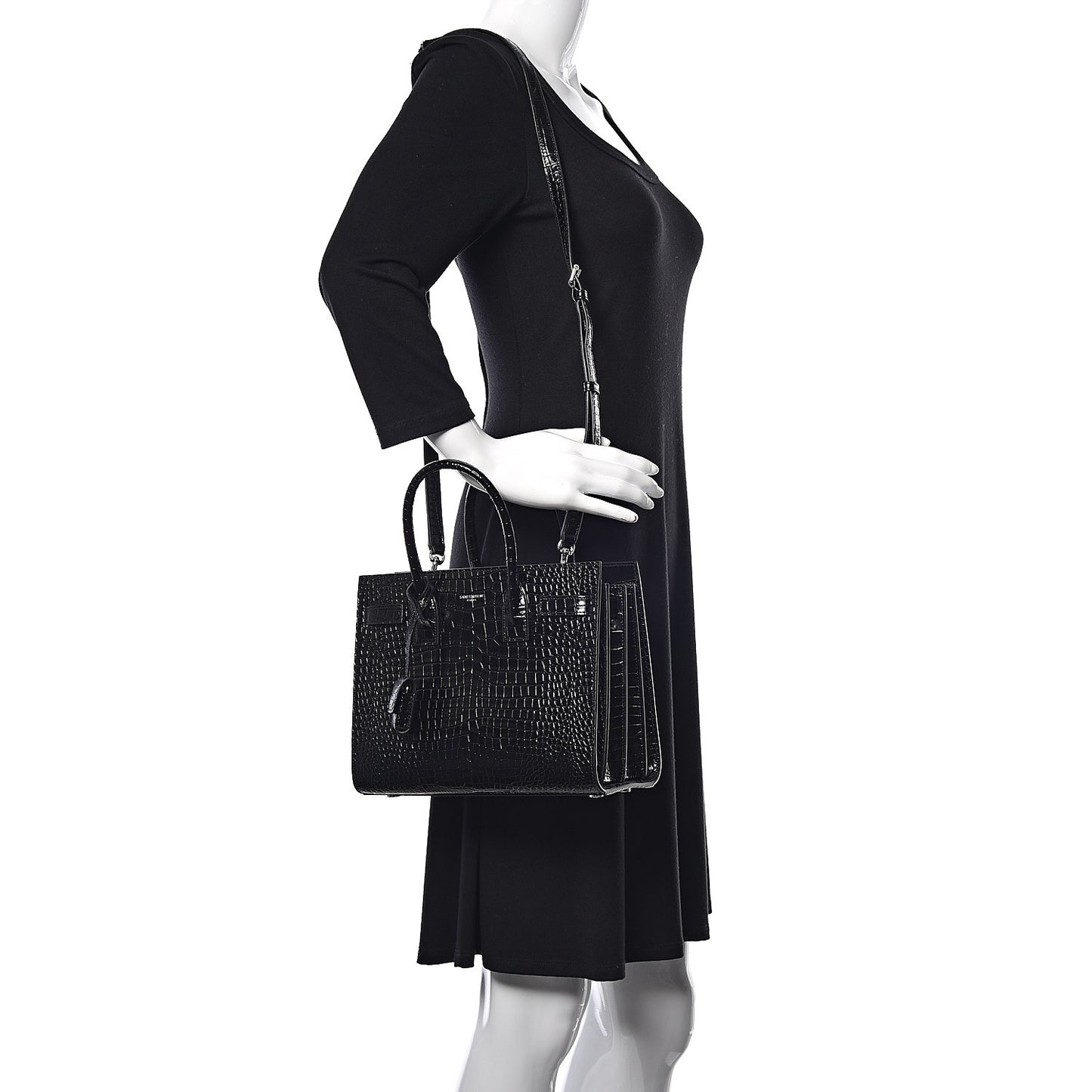 Calfskin Crocodile Embossed Small Sac de Jour Black