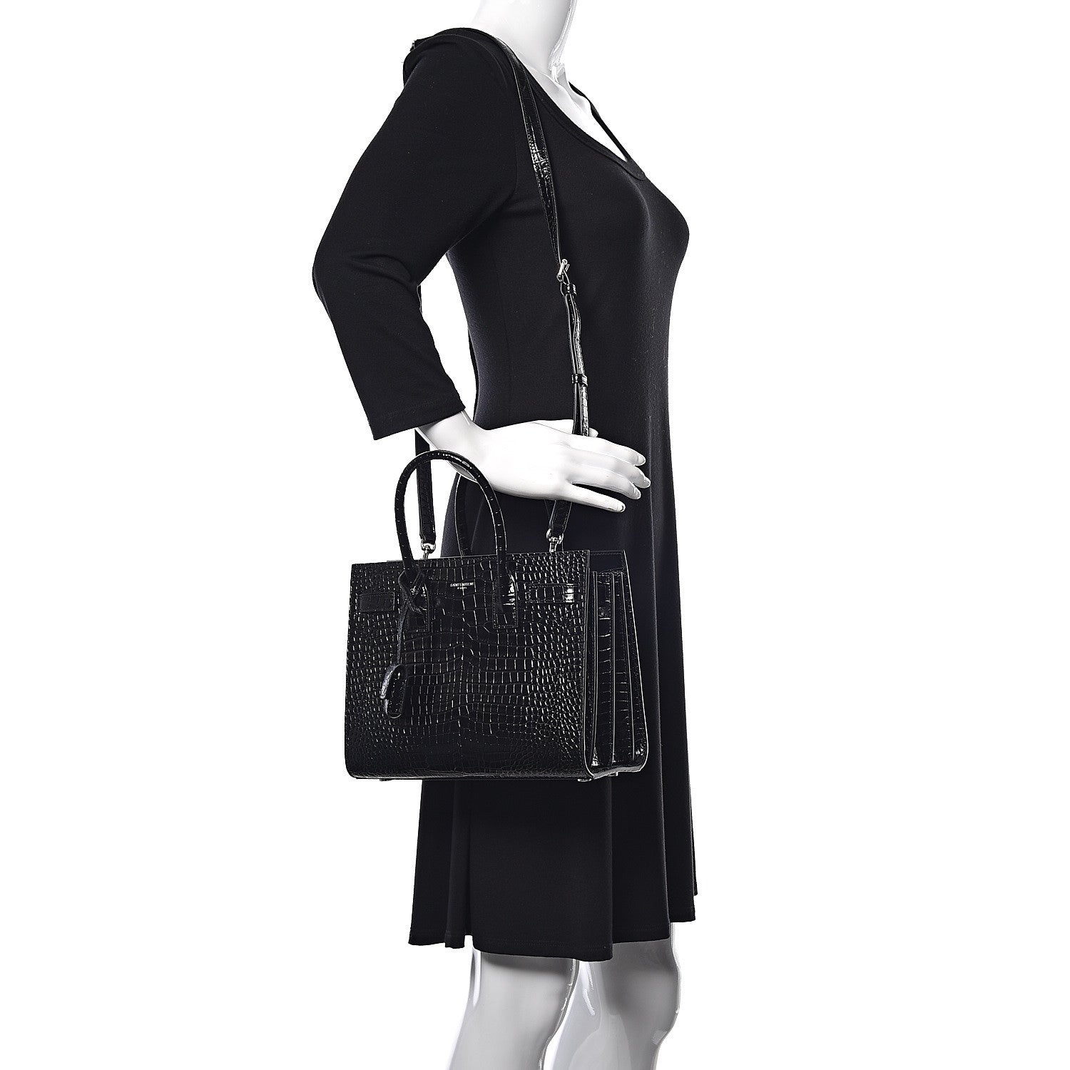 Saint Laurent Calfskin Crocodile Embossed Small Sac de Jour Black 2 of 12