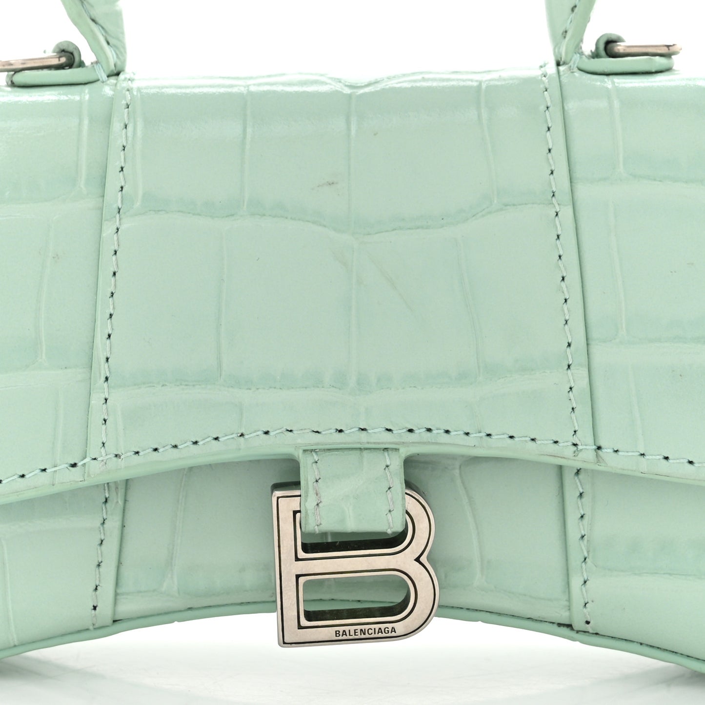 Shiny Calfskin Crocodile Embossed Hourglass Top Handle Bag Mini with Chain Green Acqua