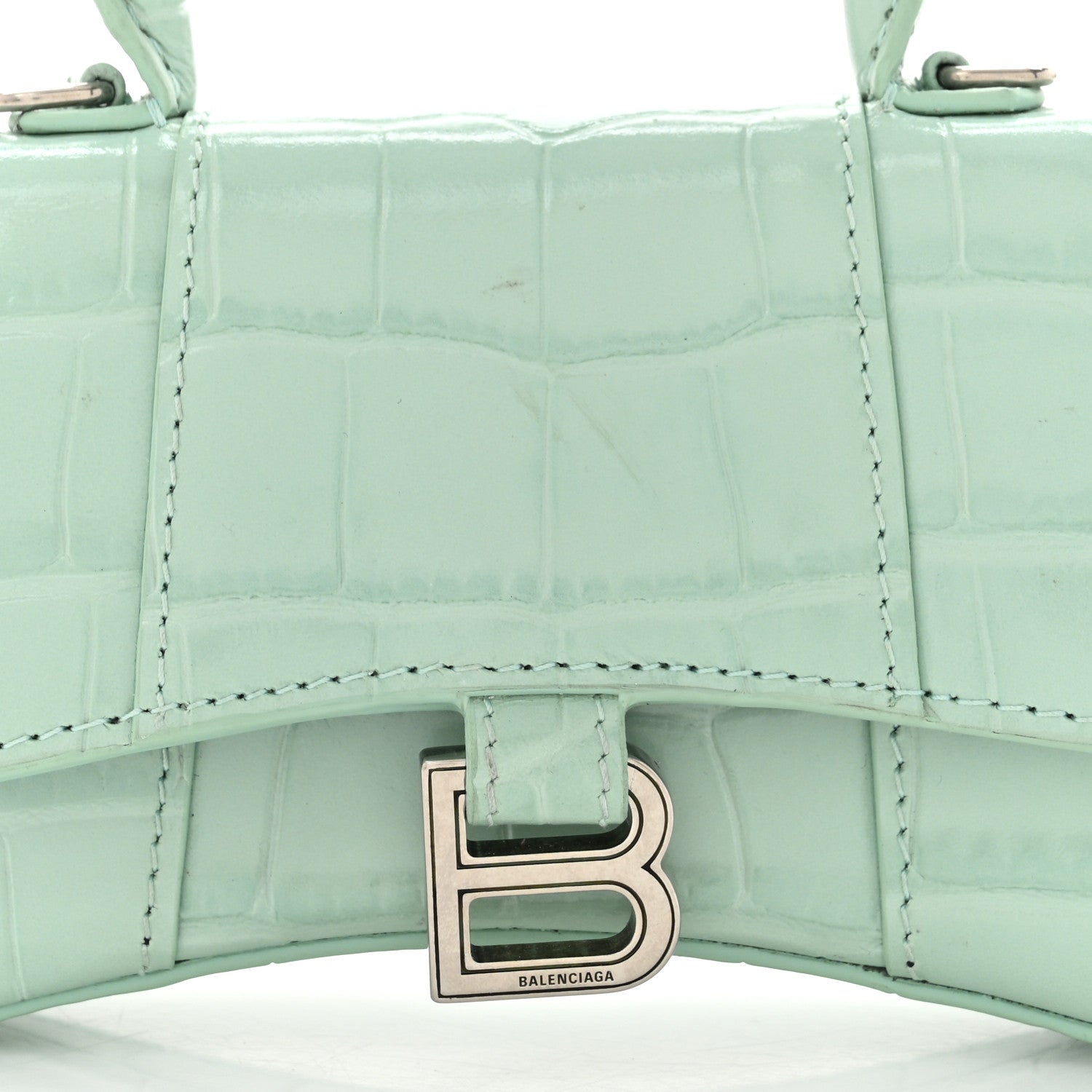 Balenciaga Shiny Calfskin Crocodile Embossed Hourglass Top Handle Bag Mini with Chain Green Acqua 8 of 11