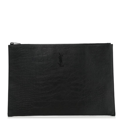 Saint Laurent Calfskin Crocodile Embossed Tablet Pouch Black 1 of 10