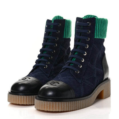 Chanel Suede Calfskin Velvet Quilted CC Combat Boots 40 Navy Green Black 3 of 6