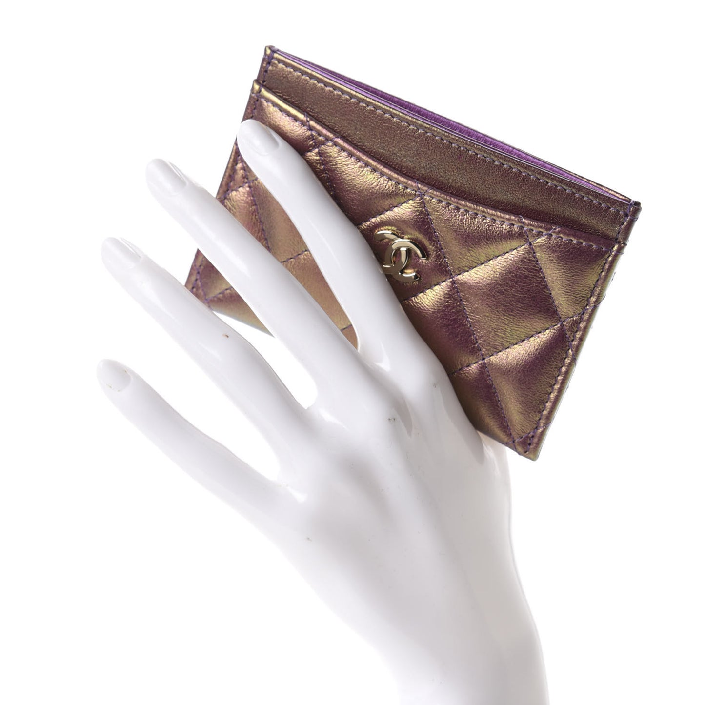 Metallic Lambskin Quilted Card Holder Purple