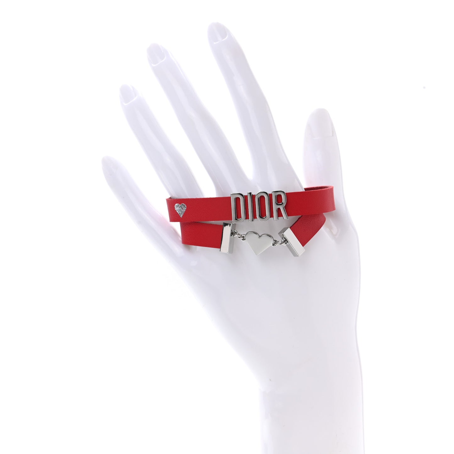 Calfskin Dior Heart Double Bracelet Red