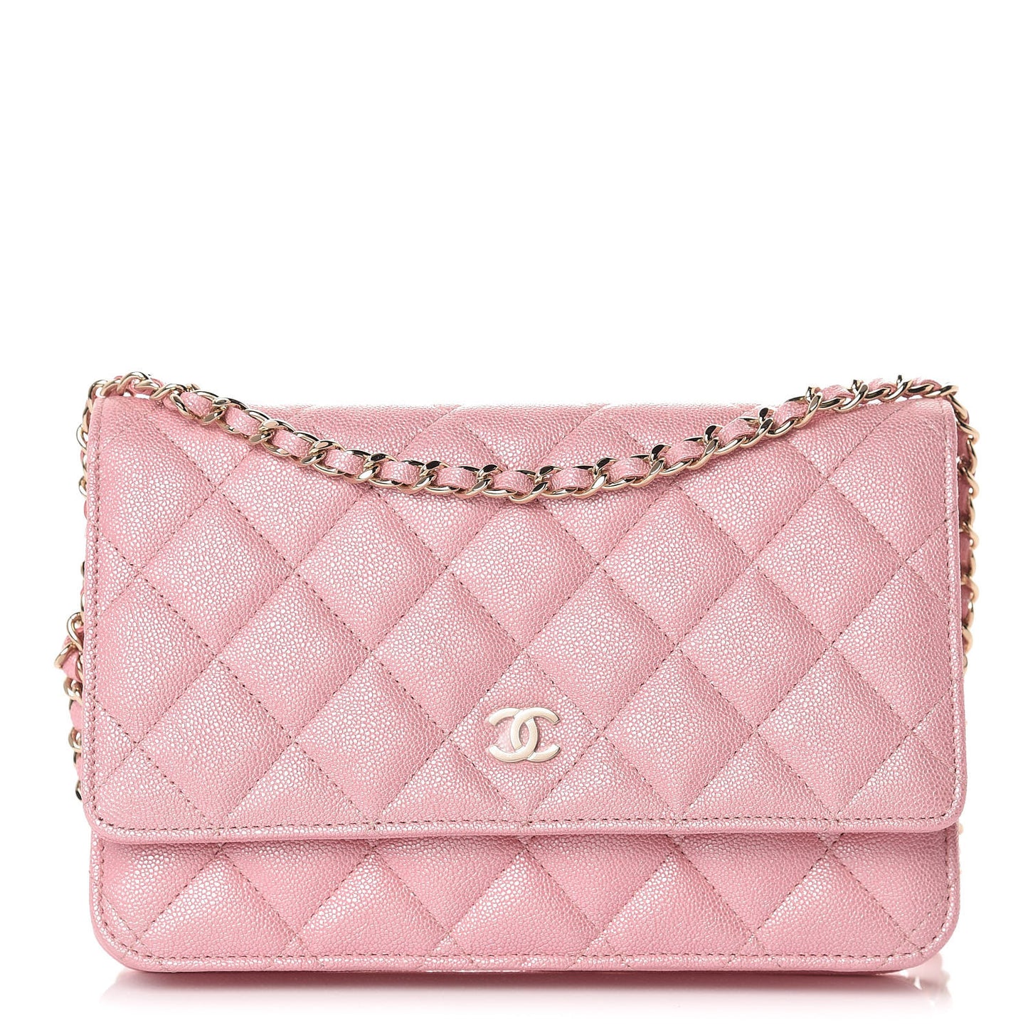 Iridescent Caviar Quilted Wallet on Chain WOC Rose Pink