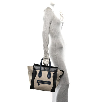 Celine Smooth Calfskin Linen Tricolor Mini Luggage Black Khaki Navy 2 of 10