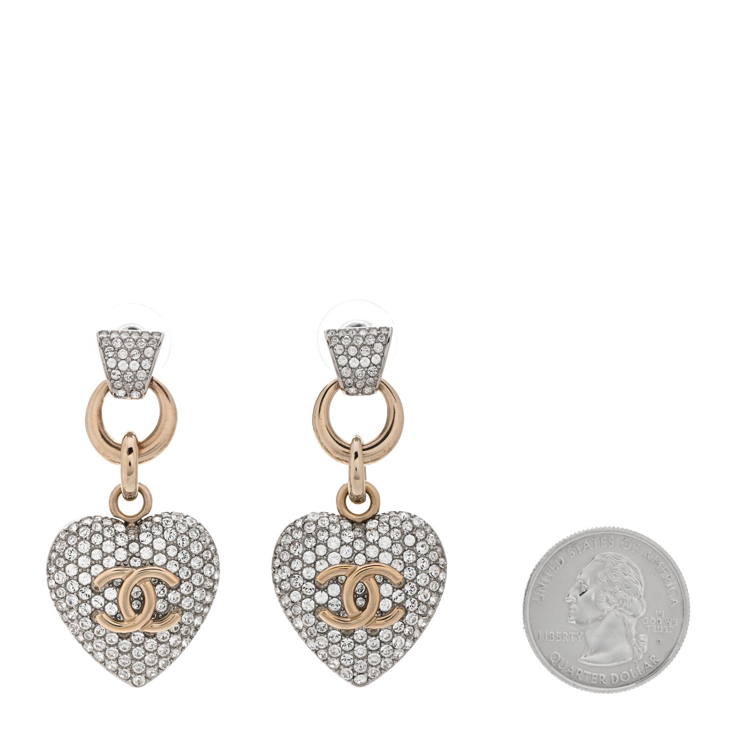 Crystal Heart CC Drop Earrings Silver Gold