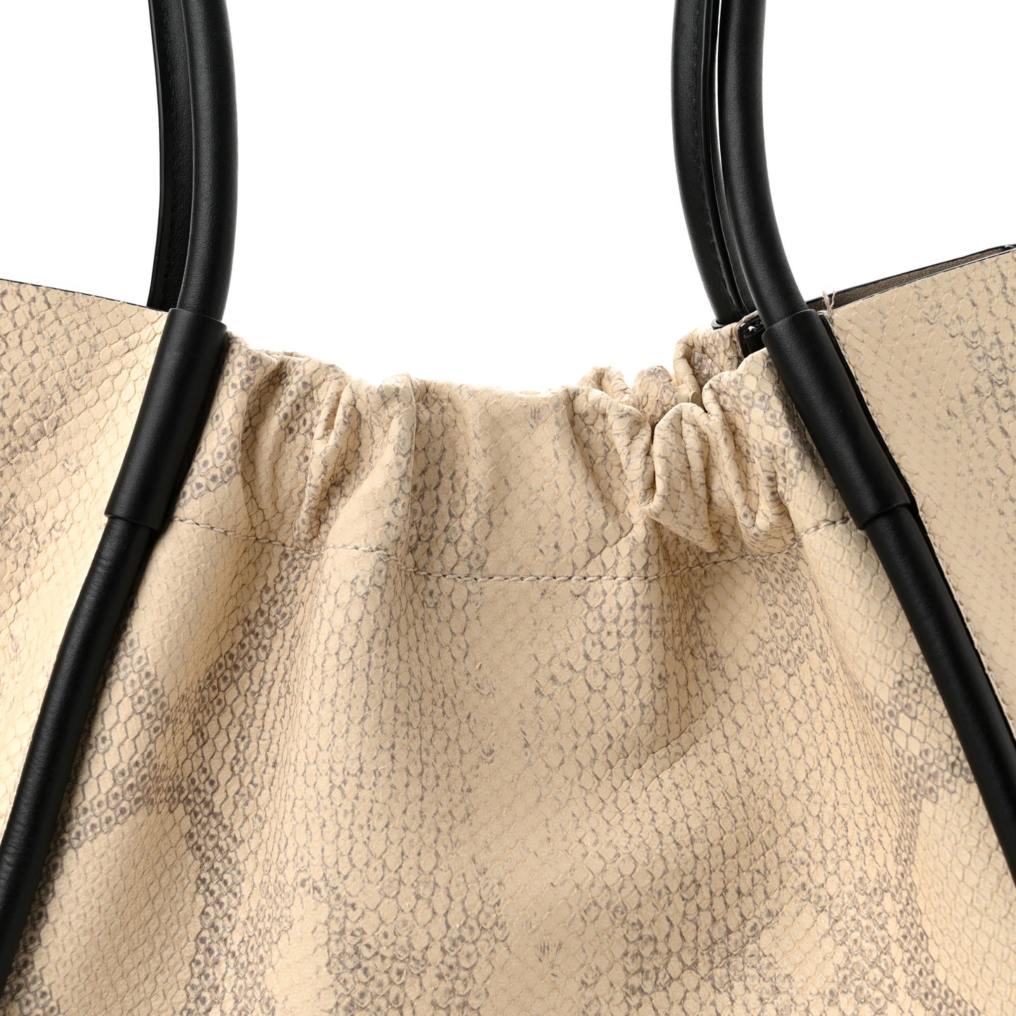 Calfskin Snakeskin Embossed Large Ruched Tote Beige Black