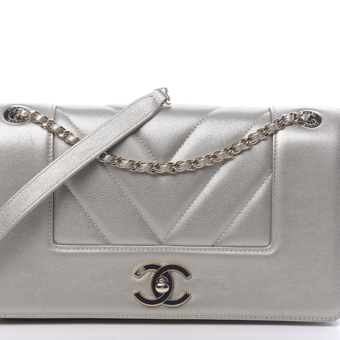 Metallic Sheepskin Chevron Quilted Medium Vintage Mademoiselle Flap Light Gold