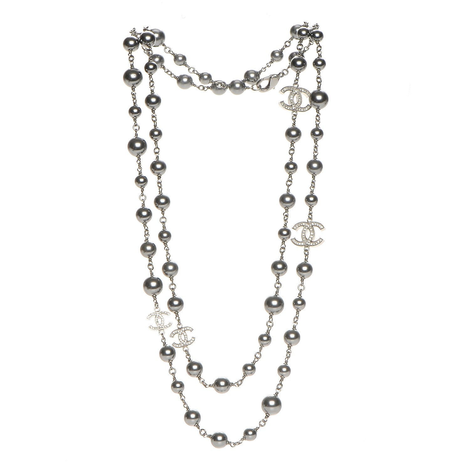 Chanel Pearl Crystal CC Long Necklace Silver Grey 3 of 6