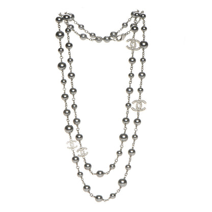 Chanel Pearl Crystal CC Long Necklace Silver Grey 3 of 6