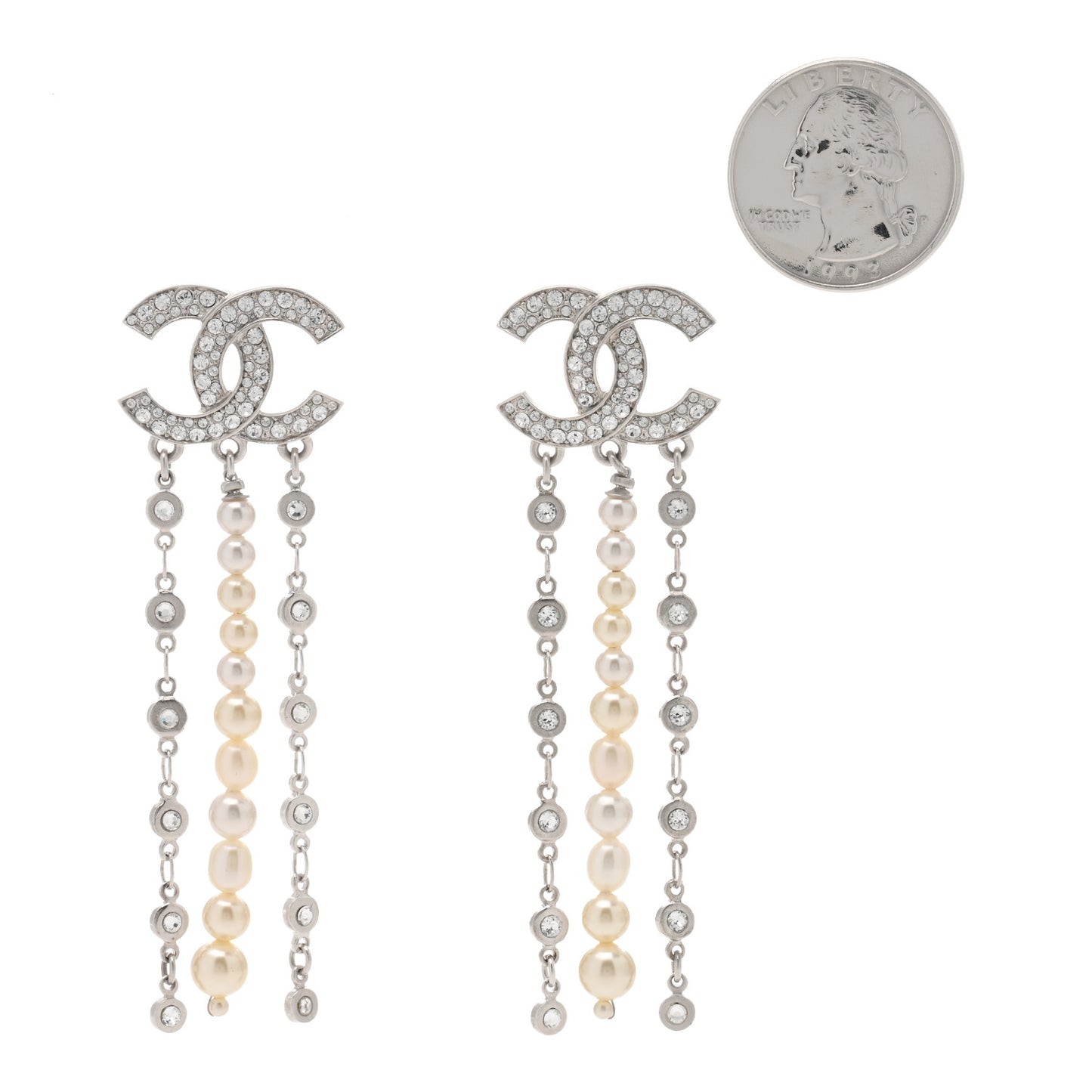 Pearl Crystal CC Chain Drop Earrings Silver