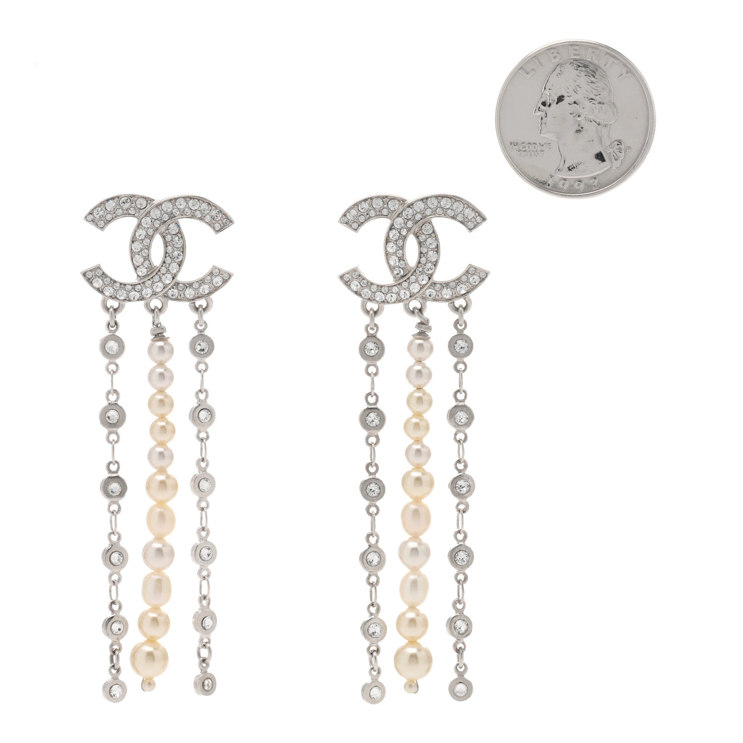 Chanel Pearl Crystal CC Chain Drop Earrings Silver 2 of 4