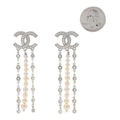 Chanel Pearl Crystal CC Chain Drop Earrings Silver 2 of 4