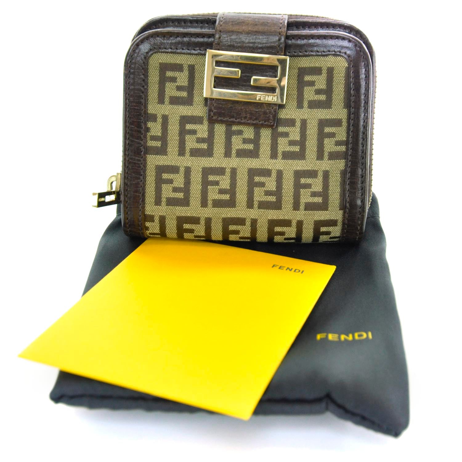 Fendi Zucchino Vitello Compact Zip Around Wallet Mogano Panna Bruciato 11 of 11